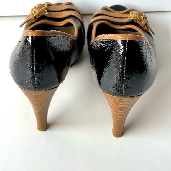 Candie's Black Brown Patent Leather Pumps Heels Buckle, Sz 8 - Picture 3 of 10